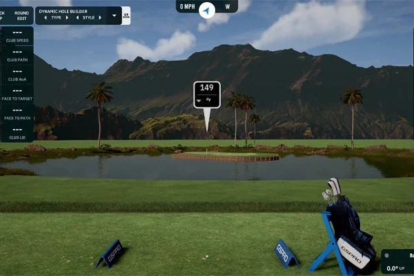A golf simulator scene featuring a golf ball on a lush green field, representing an interactive golf game setup.